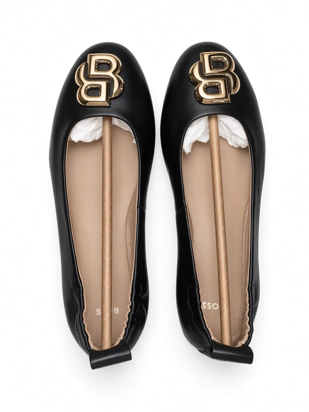 Hugo Boss Dasy Black Leather Logo Ballet Flats with Gold Emblem 6 NWB